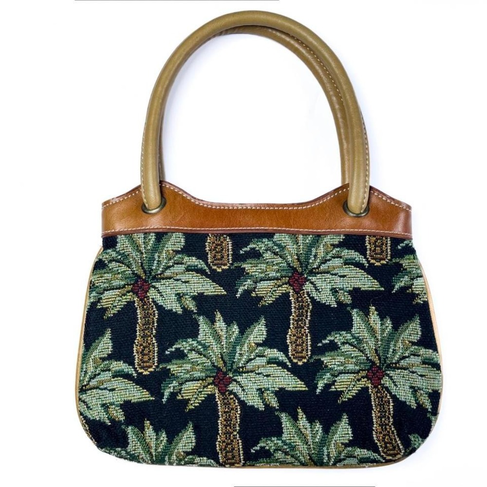 Scala Vintage Palm tree tapestry mini‎ purse accent bag with leather handles